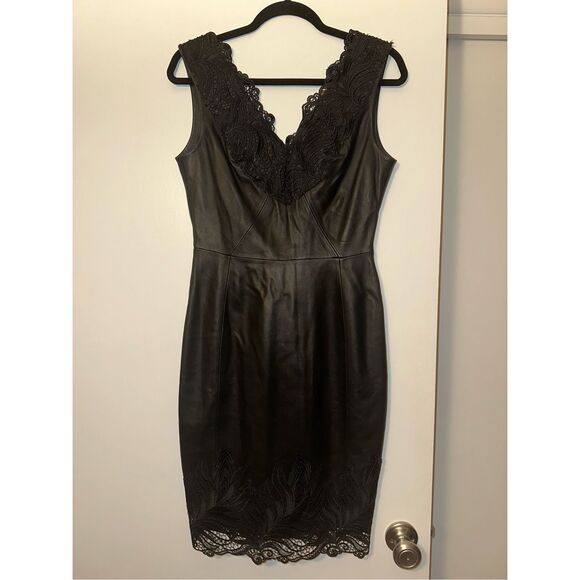 Reiss Size 10 Etty Black Lambs Leather Lace Sleeveless Womens Mini Dress NWOT